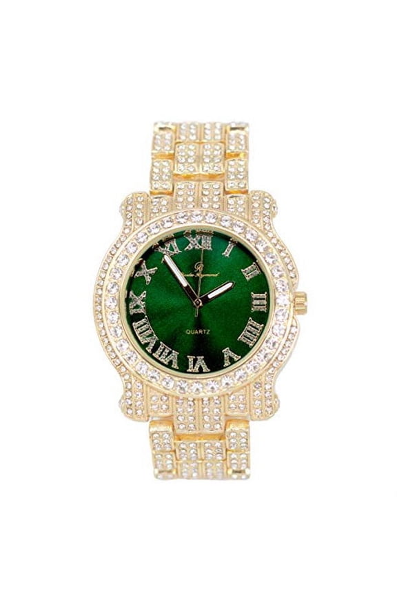 Bling-ed Out Ultimate Gold Hip Hop Royalty Mens Watch w/Easy Reader Roman Numeral Bright Colored Dial - L0504 (L0504RN Gold Money Green)