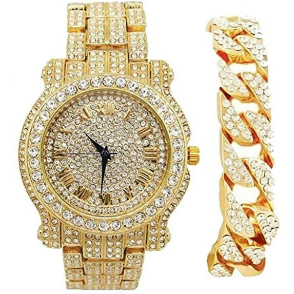 Charles Raymond Bling-ed Out Ultimate Gold Hip Hop Royalty Mens iced-out Wristwatch w/Easy Reader Roman Numeral Bright Colored Dial - L0504 RN - GOLD