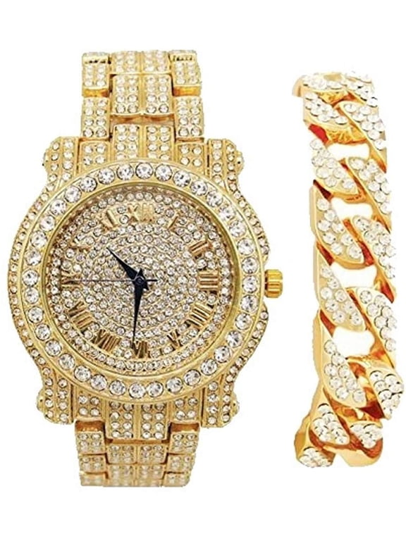 Bling-ed Out Ultimate Gold Hip Hop Royalty Mens iced-out Wristwatch w/Easy Reader Roman Numeral Bright Colored Dial - L0504 RN - GOLD