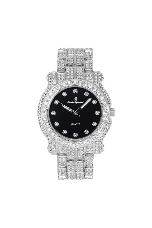 Bling-ed Out Ultimate Hip Hop Royalty Mens Watch w/Easy Reader Roman Numeral or Iced Out Diamond Time Indicators - Bright Colored Dials -L0504DX SLV BLK.