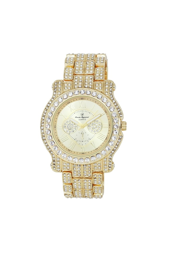 Bling-ed Out Ultimate Hip Hop Royalty Mens Watch w/Easy Reader Roman Numeral or Iced Out Diamond Time Indicators - Bright Colored Dials - L0504 (ST10559 Gold Gold)
