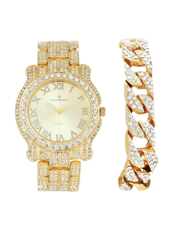 Bling-ed Out Ultimate Hip Hop Royalty Mens Watch w/Easy Reader Roman Numeral or Iced Out Diamond Time Indicators - Bright Colored Dials -L0504 Shiny Gold -C
