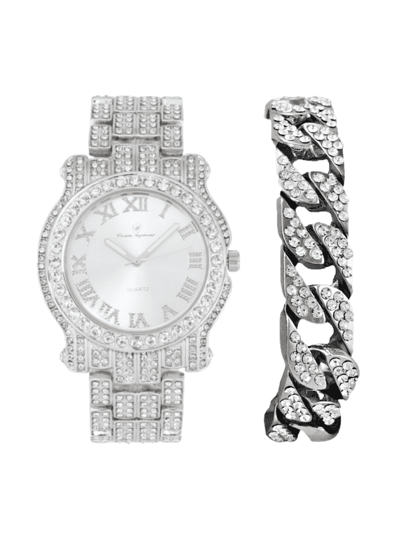 Bling-ed Out Ultimate Hip Hop Royalty Mens Watch w/Easy Reader Roman Numeral or Iced Out Diamond Time Indicators - Bright Colored Dials -L0504 Shiny Silver -C
