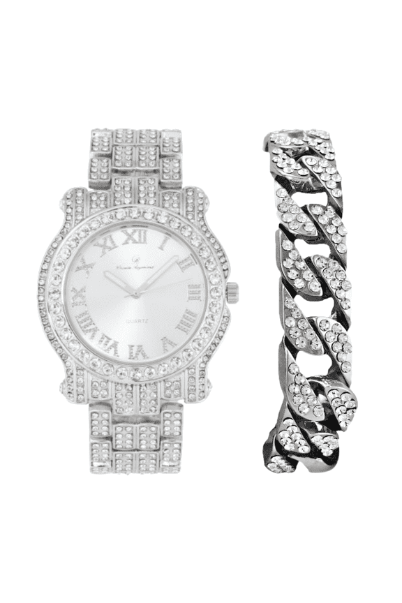 Bling-ed Out Ultimate Hip Hop Royalty Mens Watch w/Easy Reader Roman Numeral or Iced Out Diamond Time Indicators - Bright Colored Dials -L0504 Shiny Silver -C