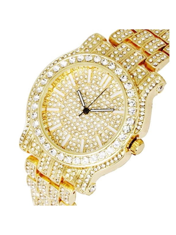 Bling-ed Out Ultimate Hip Hop Royalty Mens Watch w/Easy Reader Roman Numeral or Iced Out Diamond Time Indicators - Bright Colored Dials - L0504 (L0504 RW Gold)