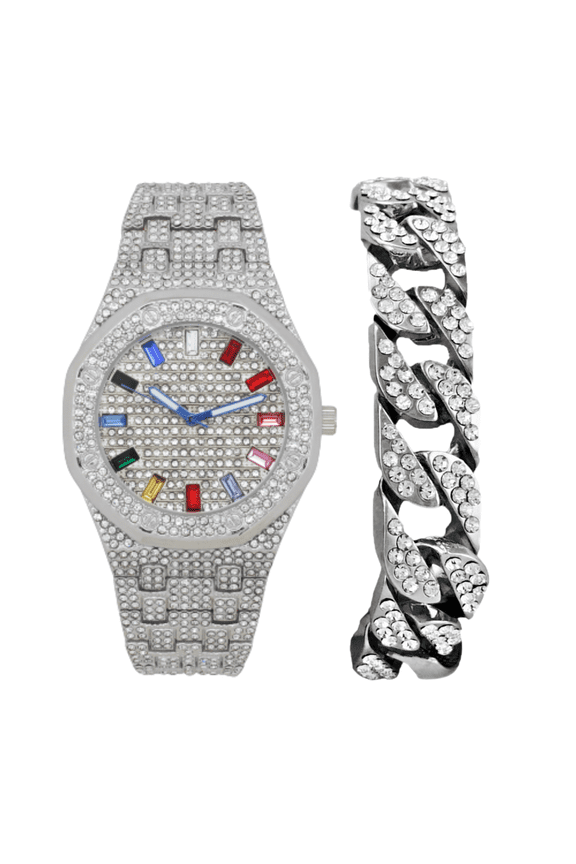Bling-ed Out Rapper's Luxury Hip Hop Mens Watch - Stand Out in Your Crew with This Bling Timepiece seen from Miles Away - 10227FAMST10528 TT SLV Rainbow -C