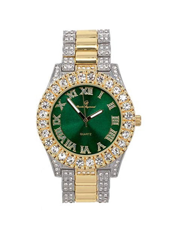 Bling-ed Out Round Metal Mens Color on Blast Silver Tone Watch with Diamond Time Indicators - Ice on Fire!!! - ST10348 (Two Tone - Green)