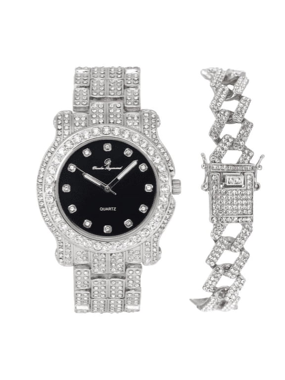 Bling-ed Out Ultimate Hip Hop Royalty Mens Watch w/Easy Reader Roman Numeral or Iced Out Diamond Time Indicators - Bright Colored Dials -L0504DX SLV BLK -ZZ