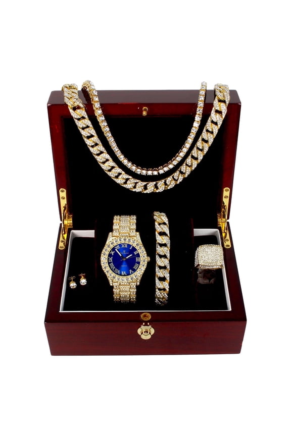 Blinged Out Fully Iced Out Mens Big Rocks Bezel Color Dial with Roman Numerals, Cuban Chain Bracelet, Cuban Necklace, Tennis Chain & Ring - ST10327CRNT (Blue/Gold - Ring Size 10)