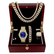 Charles Raymond Blinged Out Fully Iced Out Mens Big Rocks Bezel Color Dial with Roman Numerals, Cuban Chain Bracelet, Cuban Necklace, Tennis Chain & Ring - ST10327CRNT Blue/Gold - Ring Size 10
