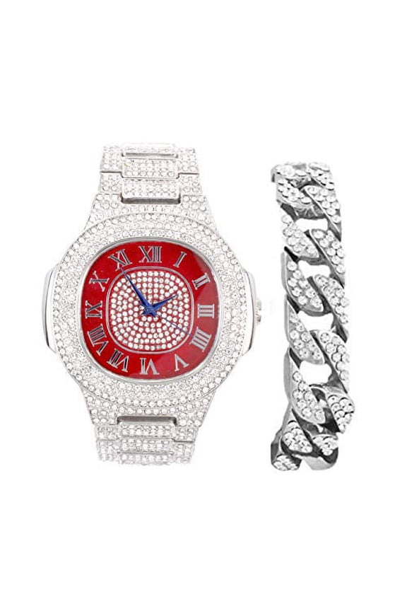 Blinged Out Cuban Bracelet with Oblong Iced Out Look Hip Hop Wristwatch - ST10235SDR#C Silver Blood Red