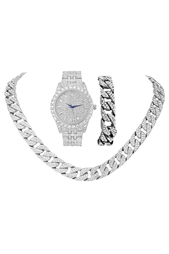 Blinged Out Cuban Necklace w/ Matching Bracelet and Fire Iced Out Timepiece - Boujee 3pc Set - 2023 CNBW (ST10226 Slv/Slv)