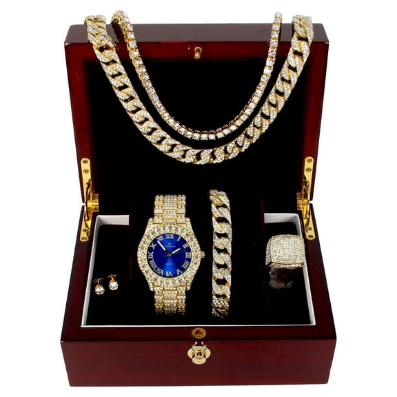 Charles Raymond Blinged Out Fully Iced Out Mens Big Rocks Bezel Color Dial with Roman Numerals, Cuban Chain Bracelet, Cuban Necklace, Tennis Chain & Ring - ST10327CRNT (Blue/Gold - Ring Size 11)