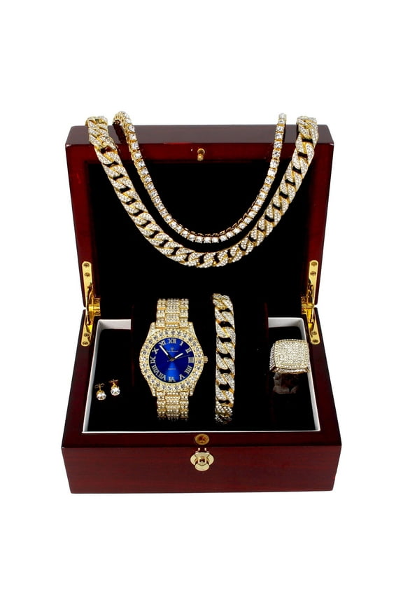 Blinged Out Fully Iced Out Mens Big Rocks Bezel Color Dial with Roman Numerals, Cuban Chain Bracelet, Cuban Necklace, Tennis Chain & Ring - ST10327CRNT (Blue/Gold - Ring Size 11)