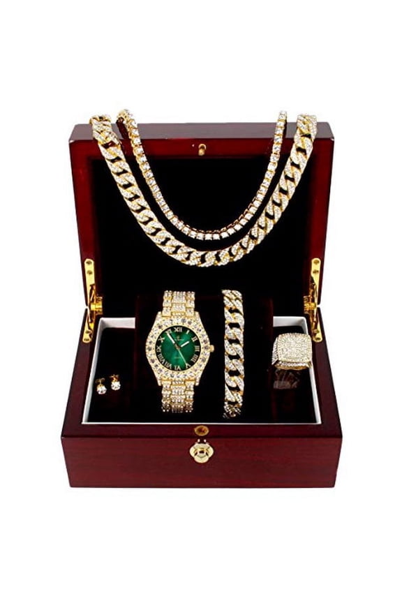 Blinged Out Fully Iced Out Mens Big Rocks Bezel Money Green Dial with Roman Numerals, Cuban Chain Bracelet, Cuban Necklace, Tennis Chain & Ring - ST10327CRNT (12, Gold - Money Green)