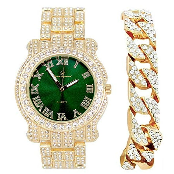 Charles Raymond Blinged Out Gold Round Luxury Mens Hip Hop Wristwatch w/Iceded Out Cuban Bracelet -(L0504RNB Cuban Gold Money Green