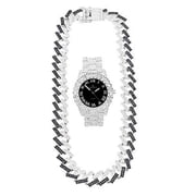 Charles Raymond Blinged Out Hip Hop Rolly Looks with Iced Out Wristwatch Trim and Band with Matching Zig Zag Blinged Out Necklace Sets - ZZ Necklace Set ST10327 SLV/BlkPanther