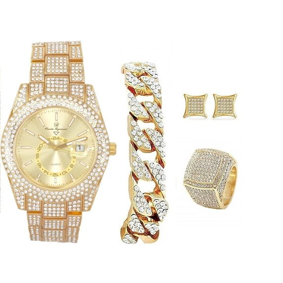 Charles Raymond Blinged Out It's Lit! Hip Hop Wristwatch & Jewelry Set w/Cuban Chain Bracelet, Kite Iced Out Earrings & Ring - GJM13, ST10328, Gold, Ring Size-11