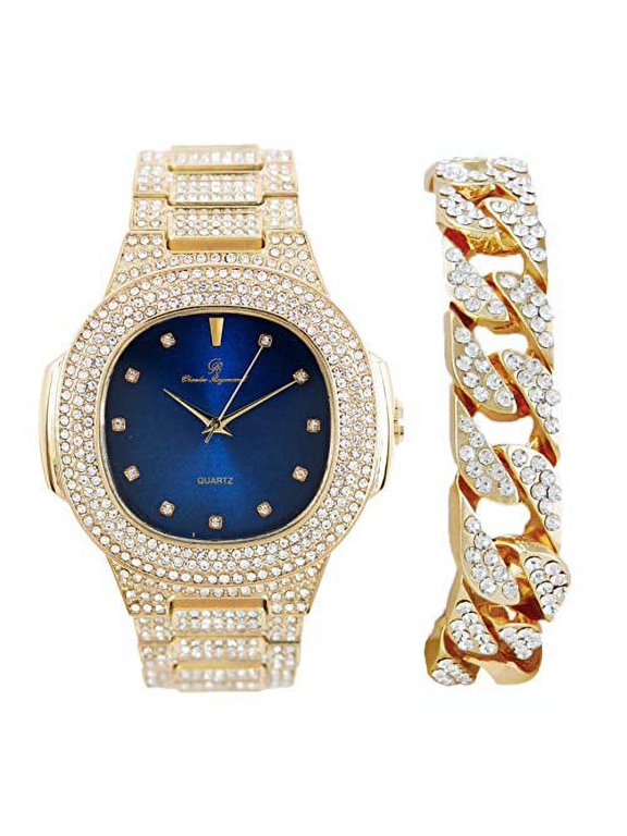 Blinged Out Midnight Blue Sky Oblong Metal Mens Gold Iced Out Hip Hop Wristwatch with Cuban - 8475C Gold Royal Blue Dx Dial