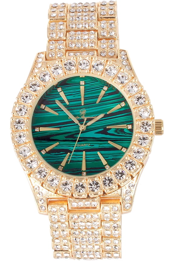 Blinged Out Money Moves with This Rollie Hip Hop Look - Unique Marbleized Abstract Design Color Dial - Men's Iced out Wristwatch - ST10327 RN (ST10236 Marble Green Gold)