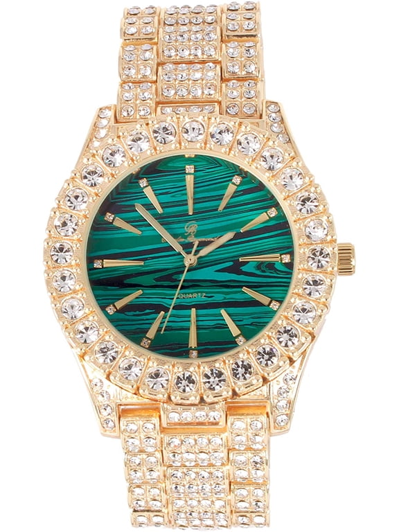Blinged Out Money Moves with This Rollie Hip Hop Look - Unique Marbleized Abstract Design Color Dial - Men's Iced out Wristwatch - ST10327 RN (ST10236 Marble Green Gold)