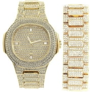 Charles Raymond Blinged Out Oblong Case Metal Mens Iced out Wristwatch w/Matching Bracelet Set - ST10235 DX MB