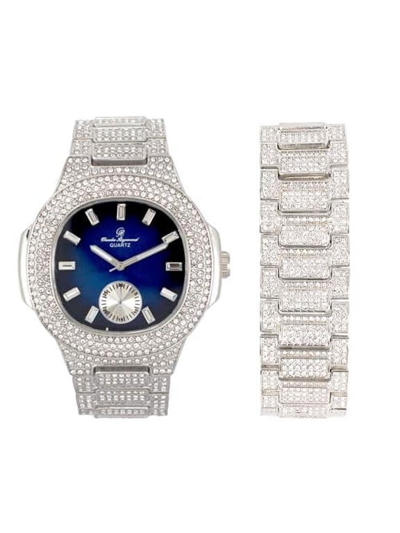 Blinged Out Oblong Case Metal Mens Watch w/Matching Blinged Out Bracelet Set - ST10235 VO SLV Blue -B