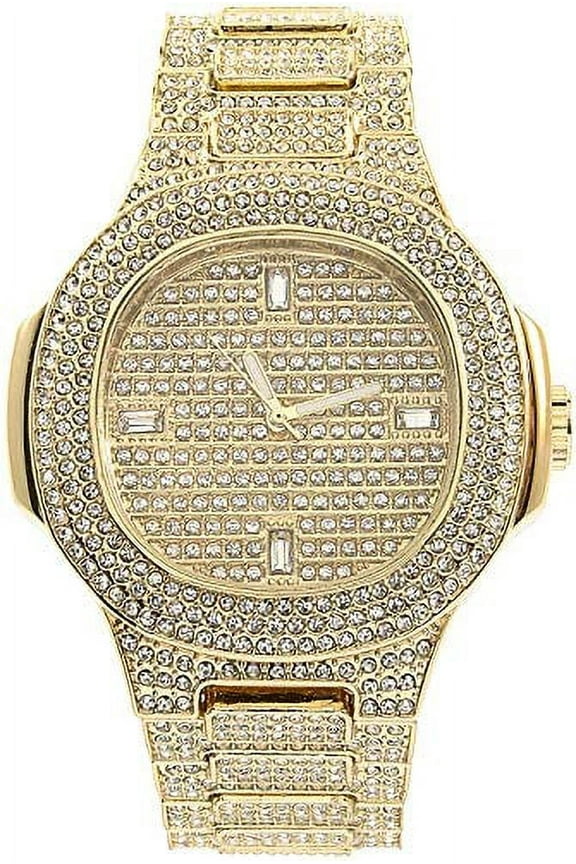 Blinged Out Oblong Metal Mens Color on Blast Hip Hop Iced Out Wristwatch - 8475Color (8967 Baquette Gold)