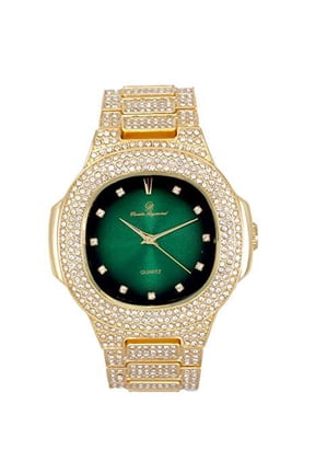 Blinged Out Oblong Metal Mens Color on Blast Iced Out Hip Hop Wristwatch - 8475Color (Gold Money Green Dx Dial)