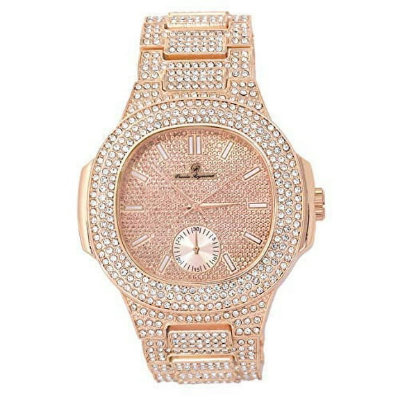 Charles Raymond Blinged Out Oblong Metal Mens Iced Out Color on Blast Hip Hop Wristwatch - 8475Color (Rose Gold)