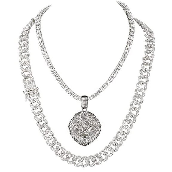 Charles Raymond Blinged Out Pave Hip Hop Jewelry - New Thick Iced out Cuban Necklace Combined w/ Diamond Pendant & Tennis Necklace -Ice 2021 (Lion 20"Tennis-24"Cuban, Slv)