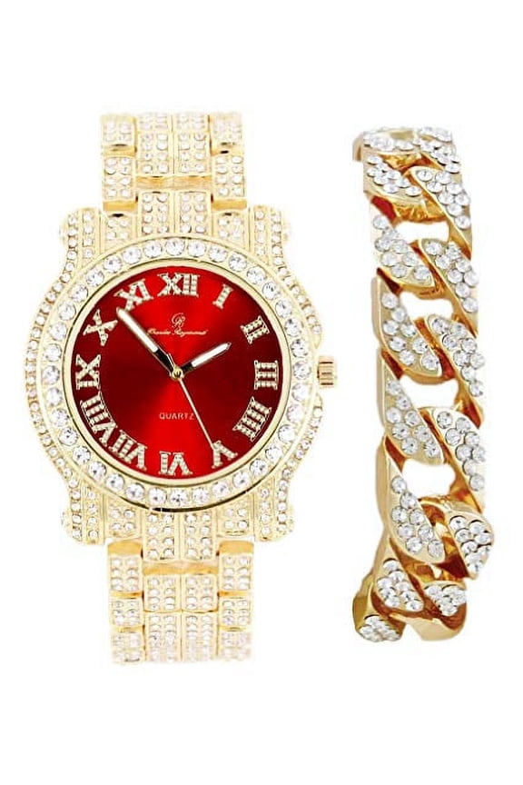 Blinged Out Round Luxury Mens Hip Hop Wristwatch w/Iced Out Cuban Bracelet - Cuban (Roman Gold Blood Red)