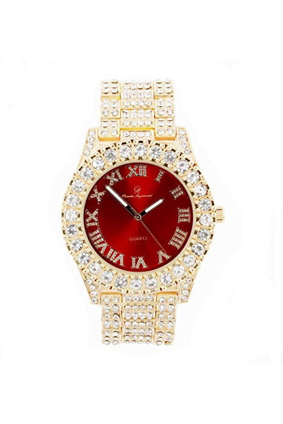 Blinged Out Round Metal Mens Color on Blast Hip Hop Iced Out Wristwatch with Diamond Time Indicators - Ice on Fire!!! - ST10327DxxS (Gold Red)