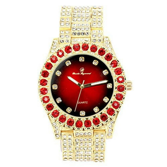 Charles Raymond Blinged Out Round Metal Mens Color on Blast Iced out Gold Tone hip hop WristWatch with Diamond Time Indicators - Ice on Fire!!! - ST10327DxxS (Color Blood Red Gold)