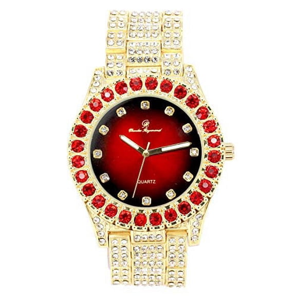 Charles Raymond Blinged Out Round Metal Mens Color on Blast Iced out Gold Tone hip hop WristWatch with Diamond Time Indicators - Ice on Fire!!! - ST10327DxxS (Color Blood Red Gold)