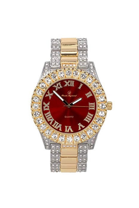 Blinged Out Round Metal Mens Color on Blast Iced Out Hip Hop Wristwatch with Diamond Time Indicators - Ice on Fire!!! - ST10348 (Two Tone - Red)