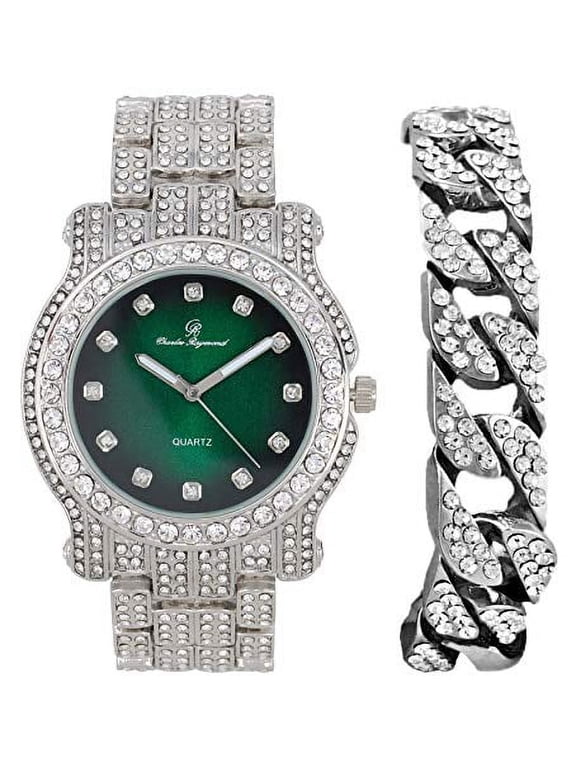 Blinged Out Silver Hip Hop Round Luxury Mens Watch w/Iced Out Bracelet - L0504B (L0504DXB Cuban SLV Money Green)