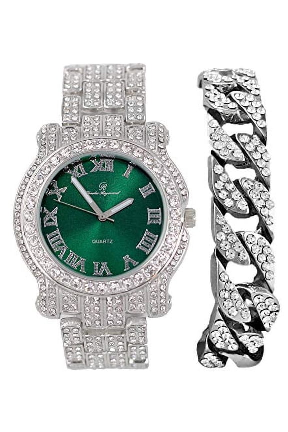 Blinged Out Silver Iced-out Round Luxury Mens WristWatch w/Blinged Out Bracelet - (L0504RNB Cuban SLV Money Green)