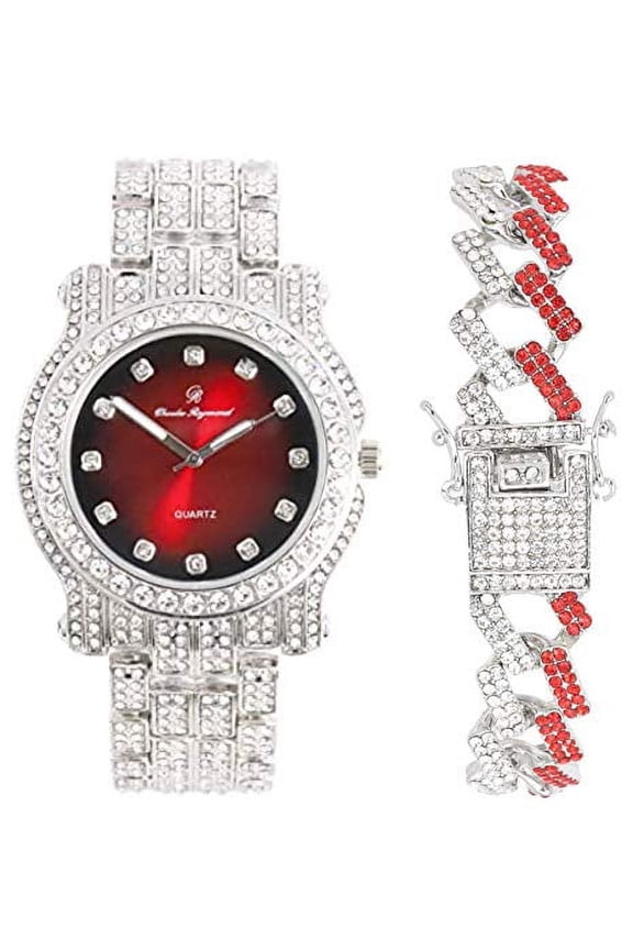 Blinged Out Silver Round Hip Hop Luxury Mens Watch w/Iced Out Bracelet - (L0504DXB ZZ Silver Blood Red)