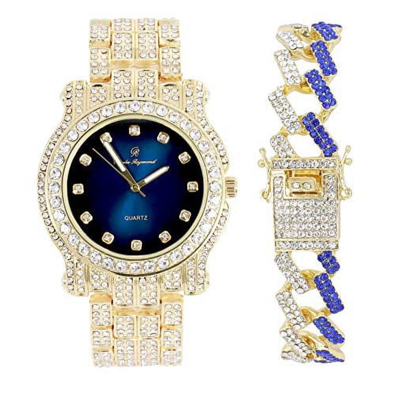 Charles Raymond Blinged Out Silver Round Hip Hop Luxury Mens Wristwatch w/Iced Out Bracelet -(L0504DXB ZZ Gold Royal Blue)