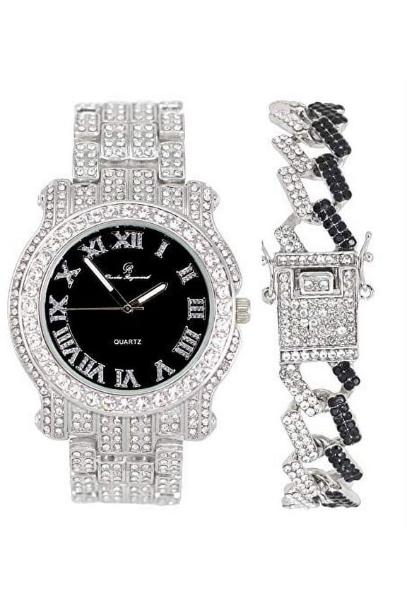 Blinged Out Silver Round Luxury Mens Hip Hop Wristwatch w/Iced Out Bracelet - L0504RNB ZZ SLV Black Panther