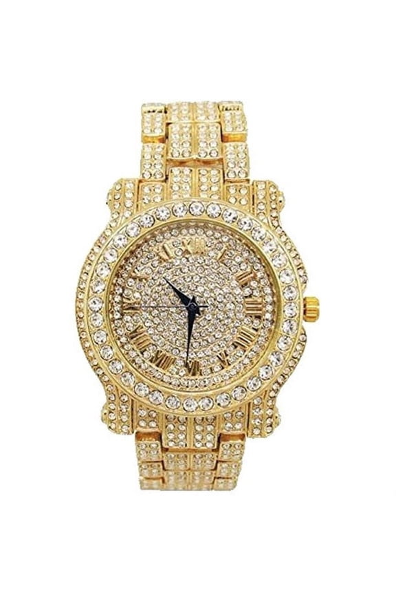 Blinged Out Ultimate Gold Hip Hop Royalty Iced Out Mens WristWatch w/Easy Reader Roman Numeral Bright Colored Dial - L0504 RN - GOLD