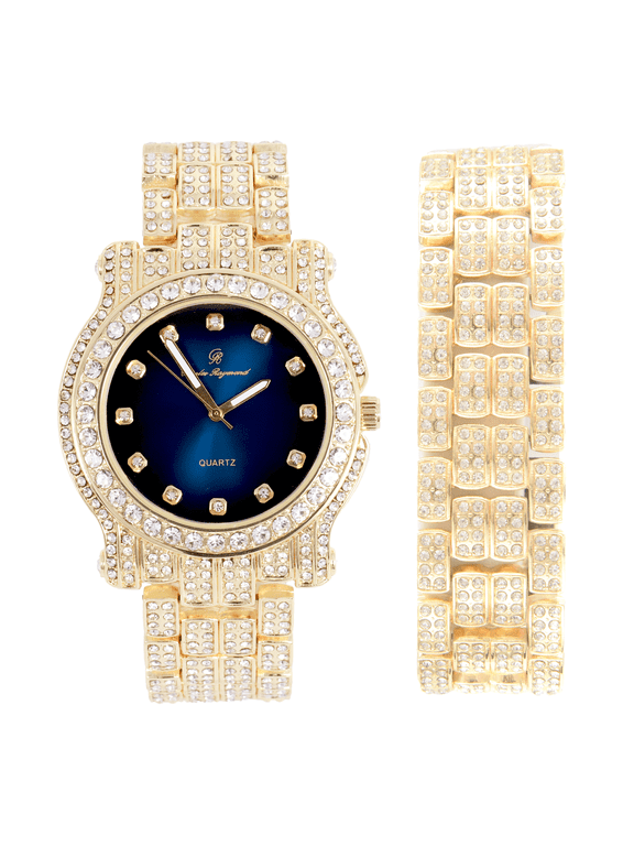 Blinged Out Ultimate Gold Hip Hop Royalty Mens Iced Out Wristwatch w/Easy Reader Roman Numeral Bright Colored Dial - L0504 DX - BLUE - GOLD