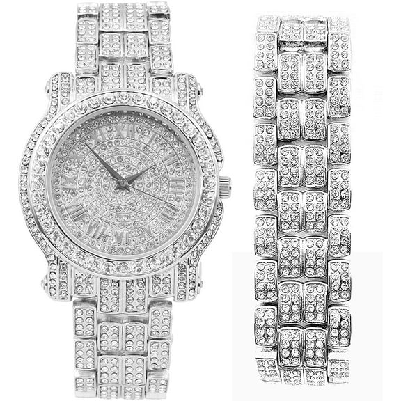 Charles Raymond Blinged Out Ultimate Gold Hip Hop Royalty Mens Iced Out Wristwatch w/Easy Reader Roman Numeral Bright Colored Dial - L0504 RN - SILVER