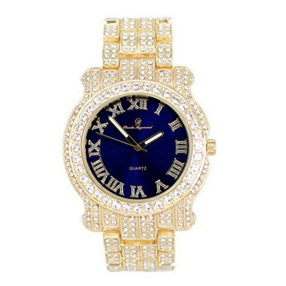 Charles Raymond Blinged Out Ultimate Gold Hip Hop Royalty Mens Wristwatch w/Easy Reader Roman Numeral Iced out Bright Colored Dial - L0504 (L0504RN Gold Royal Blue)