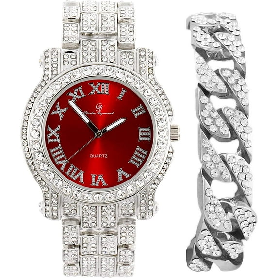 Charles Raymond Blinged Out Ultimate Hip Hop Royalty Mens Iced Out Wristwatch w/Easy Reader Roman Numeral Bright Colored Dial - L0504 RN - RED - SILVER