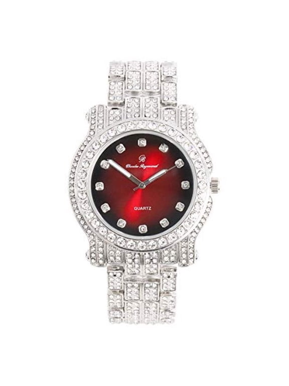 Blinged Out Ultimate Silver Hip Hop Royalty Mens Watch w/Diamond Time Indicators -Bright Colored Iced out Dial - L0504 (L0504DX Silver-Red)