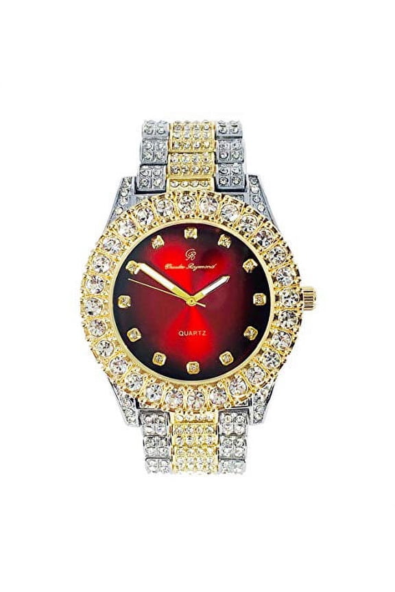 Blinged Out Round Metal Mens Color on Blast Hip Hop Two Tone Wristwatch with Iced Out Diamond Time Indicators - Ice on Fire!!! - ST10327DxxS (TT-Blood Red)