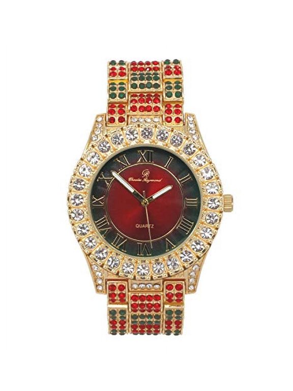 Blinged Out Round Metal Mens Iced Out Color on Blast Gold Tone Wristwatch with Diamond Time Indicators - Ice on Fire!!! - ST10327DxxS (ST10362A Red and Green