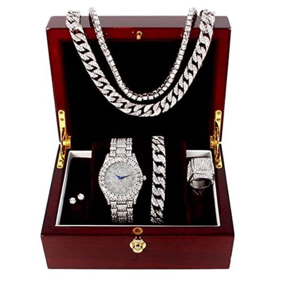 Charles Raymond Fully Iced Mens Big Rocks Bezel Color Dial with Roman Numerals, Cuban Chain Bracelet, Cuban Necklace, Tennis Chain & Ring - ST10327CRNT (8, Classic Silver SLV R#)